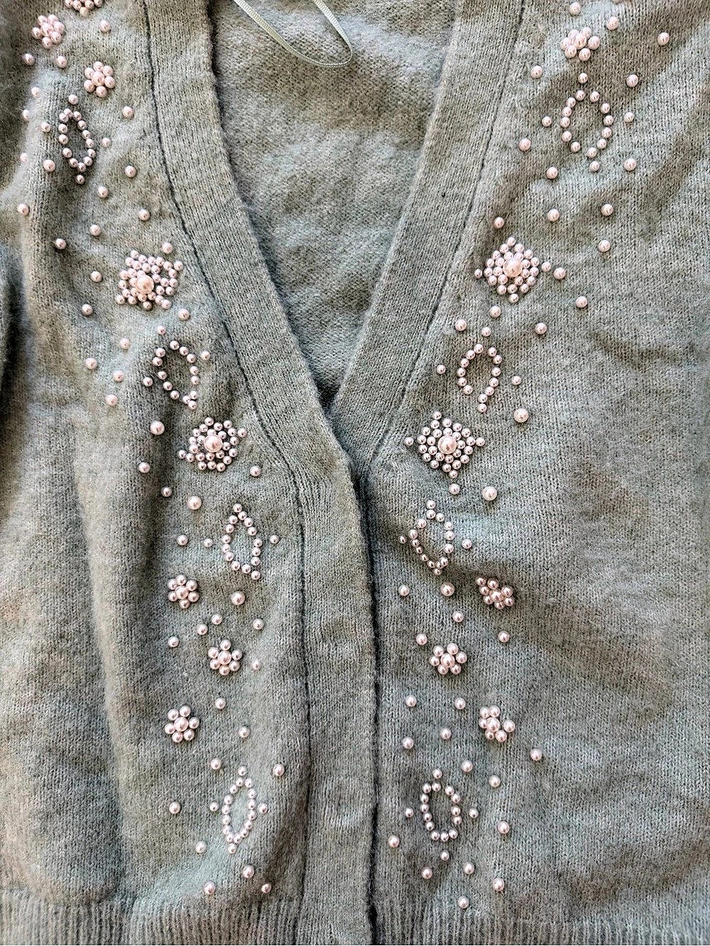 Zara Pearl Embellished Knit Cardigan Green small - Picture 2 of 4